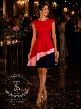 Kate Spade New York Red Colorblock Fit & Flare Bow Back Dress Size 0 Cocktail
